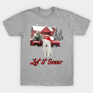 Samoyed Dog Let It Snow Tree Farm Red Truck Christmas T-Shirt